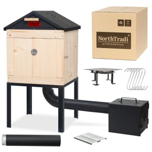 Wędzarnia Ogrodowa Drewniana Zestaw Duże Palenisko Haki Rury Metalowy Dach