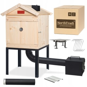 Wędzarnia Ogrodowa Drewniana Zestaw Palenisko Haki Rury Metalowy Komin